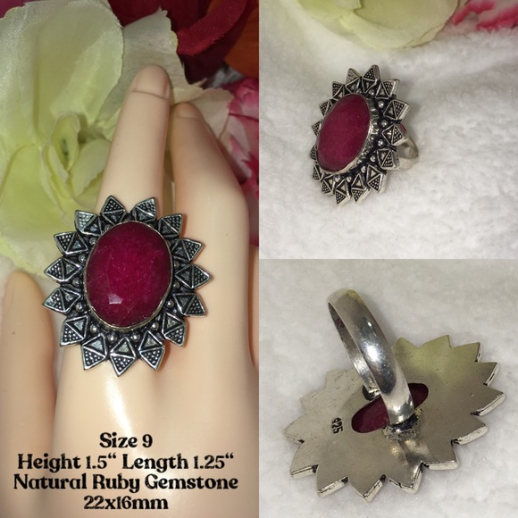 Natural Ruby Gemstone Handmade Cocktail Halo Ring - Picture 3 of 3
